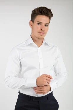 Chemise cintrée en pur coton unie à col haut deux boutons